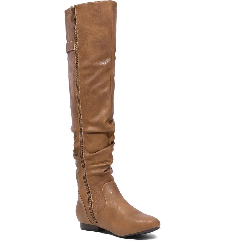 Women's Camel Suede Over The Knee Thigh High Comfortable Low Heel Winter Boots